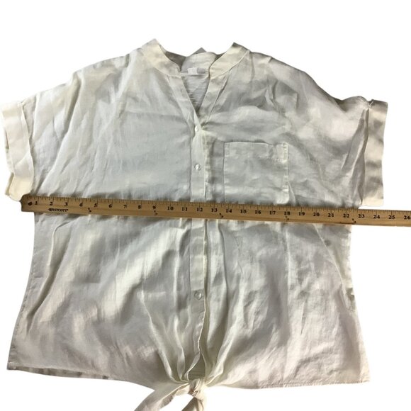 Charter Club Women’s White Linen Button Front Tie Hem Shirt Size M Collarless - Picture 8 of 16